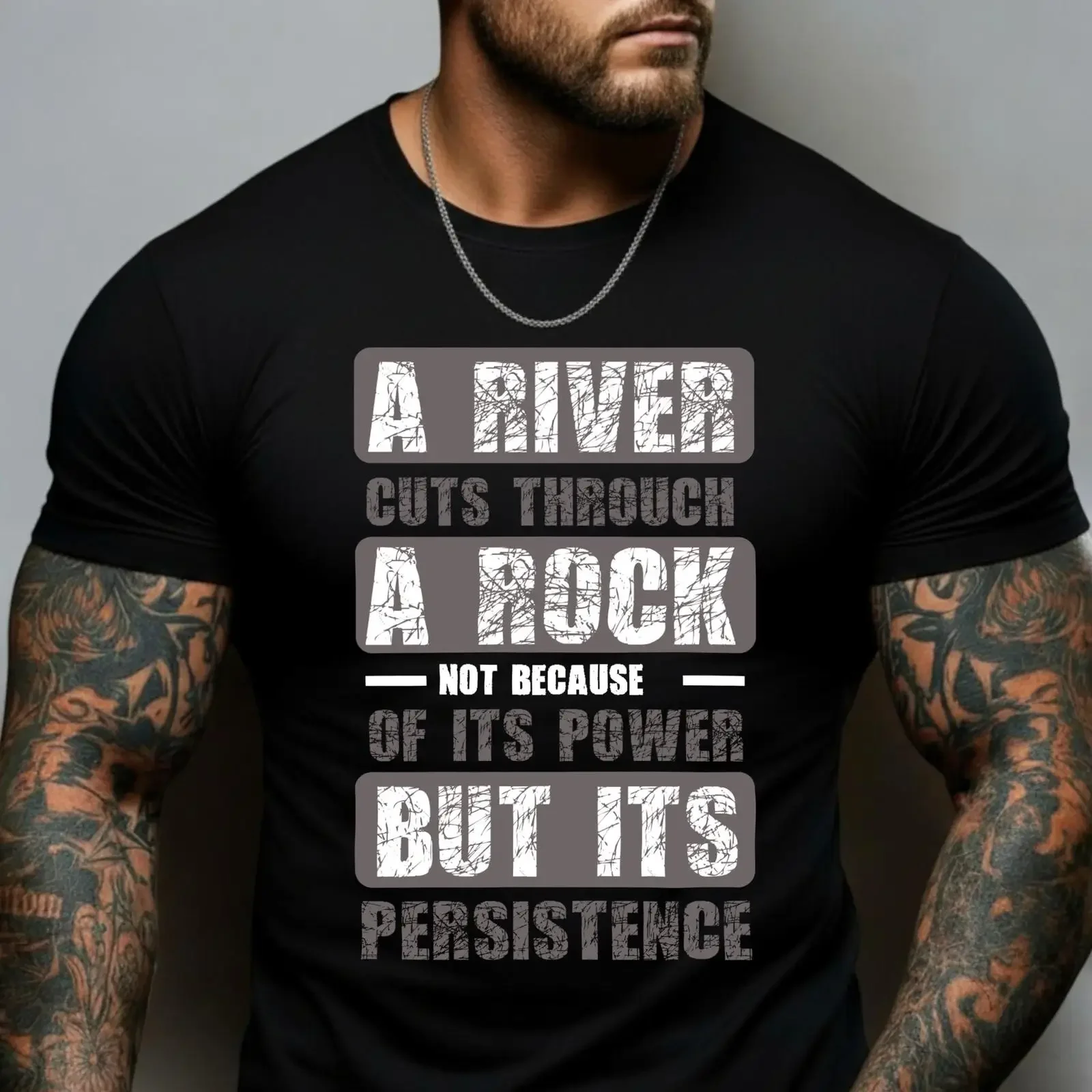 T-shirt « A River Cuts Through Rock » : Motivation, Inspiration, Succès, Discipline, Puissance, Fitness, Gym, Vintage