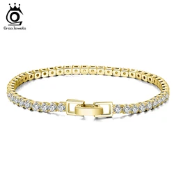 ORSA JEWELS 14K Gold Plated Tennis Bracelet 3MM Zirconia Authentic 925 Silver Hand Chain Jewelry for Men Women Boy Gift SB92-14K