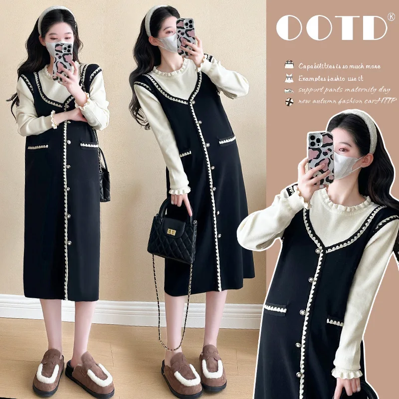 

Korean Style Pregnancy Dress Winter Sweet Chic Knit Sweater Dress Versatile Timeless Maternity Outfit Feminine Comfortable