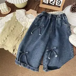 Baby Girls Pants Fashion Loose Bowknot Jeans Straight 2025 Autumn New Korean Style Childrens Wide Leg Pants
