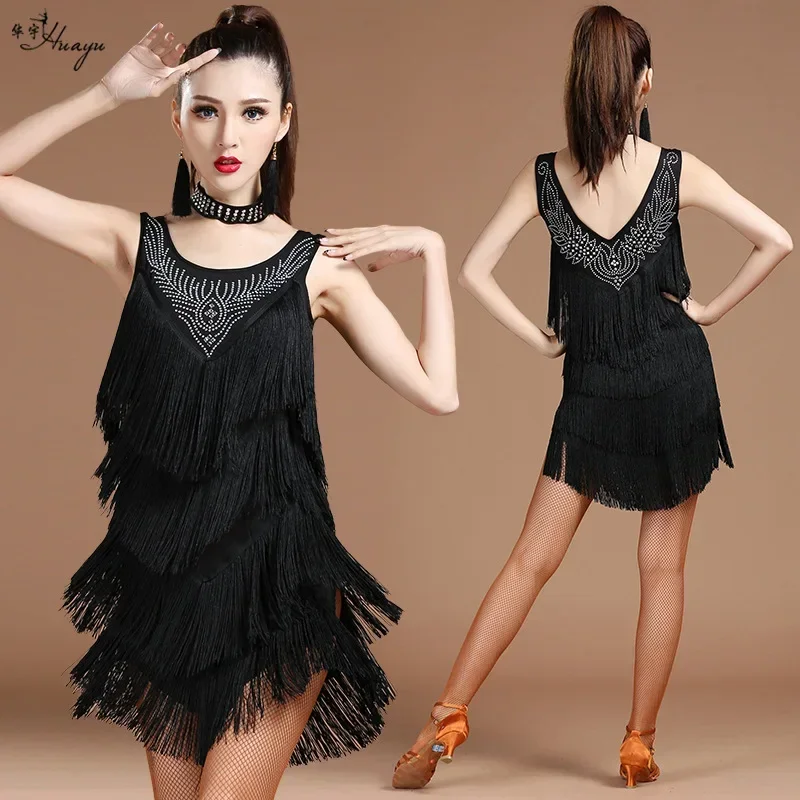 1 pcs/lot women Latin dancing dress female rhinestone V-neck tassel Latin dress