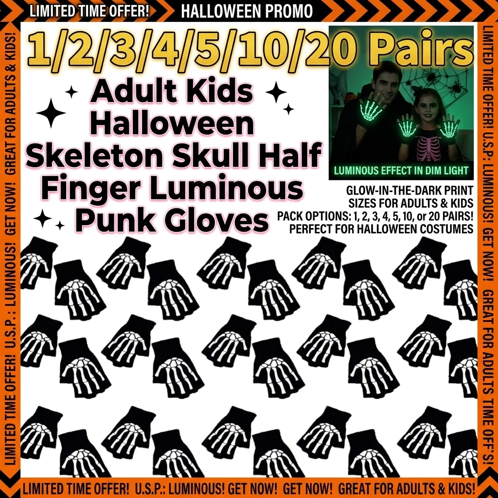 New Punk Gloves Unisex Halloween Skeleton Skull Half Finger Gloves Glow In The Dark Fingerless Stretch Knitted Winter Mittens