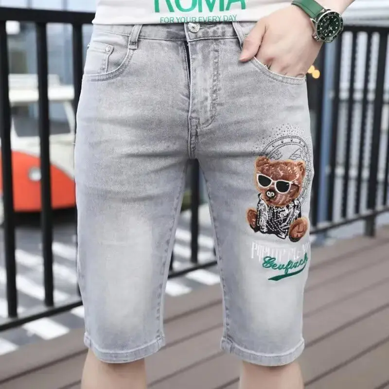 Summer Fashion Men's Casual Straight Bear Embroidered Denim Shorts 2025 New Mid Length Pants Slim Five-point Short Pants Jeans