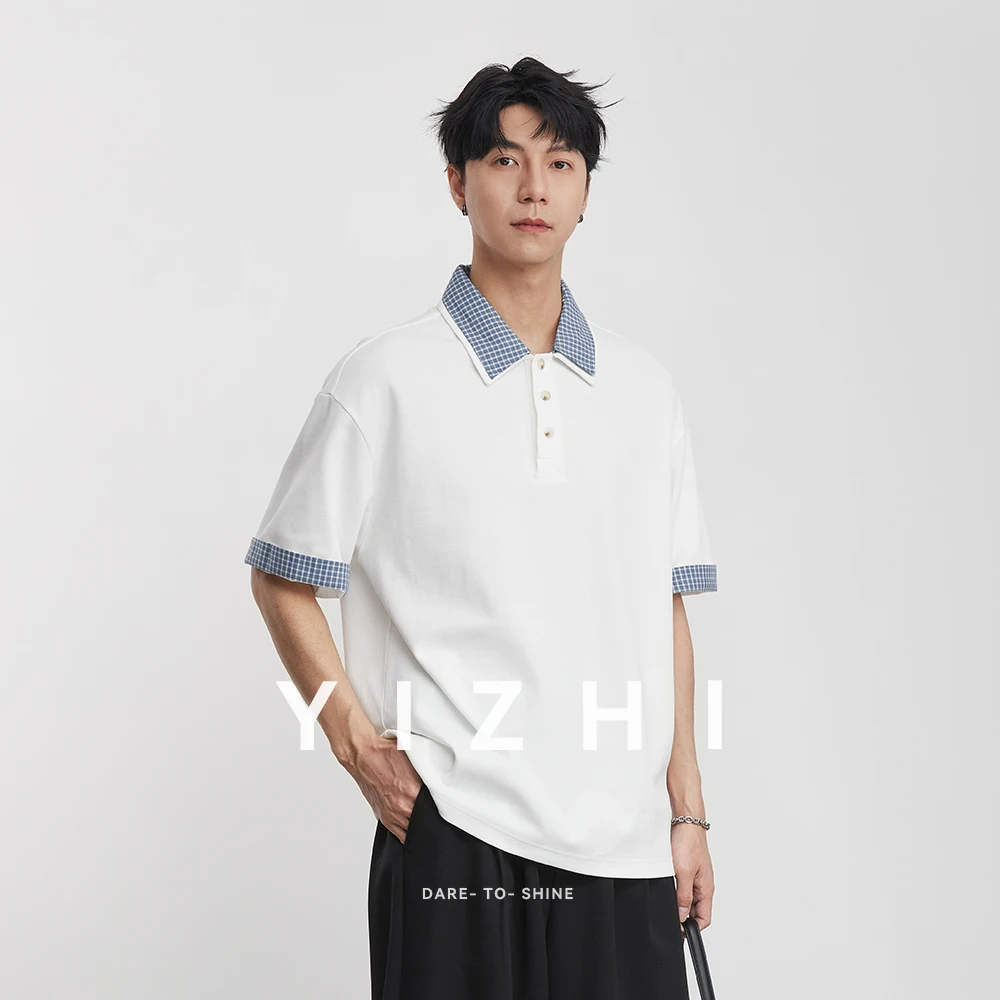 American Retro Plaid Splicing POLO Shirt Men 2026 Summer Loose Short-sleeved T-shirt Fake Two-piece
