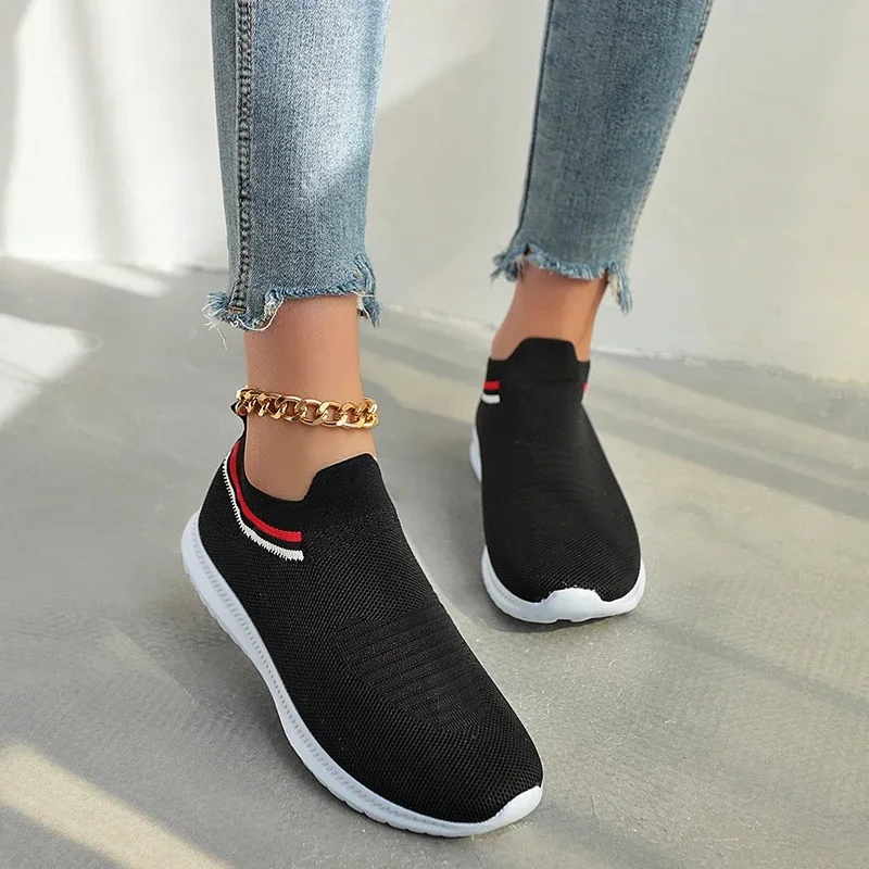 Big Size 44 Knitted Sneakers Women Autumn Women Shoes Low-top Breathable Womens Thick-soled Sneakers Mesh Slip-on Jogging Shoes