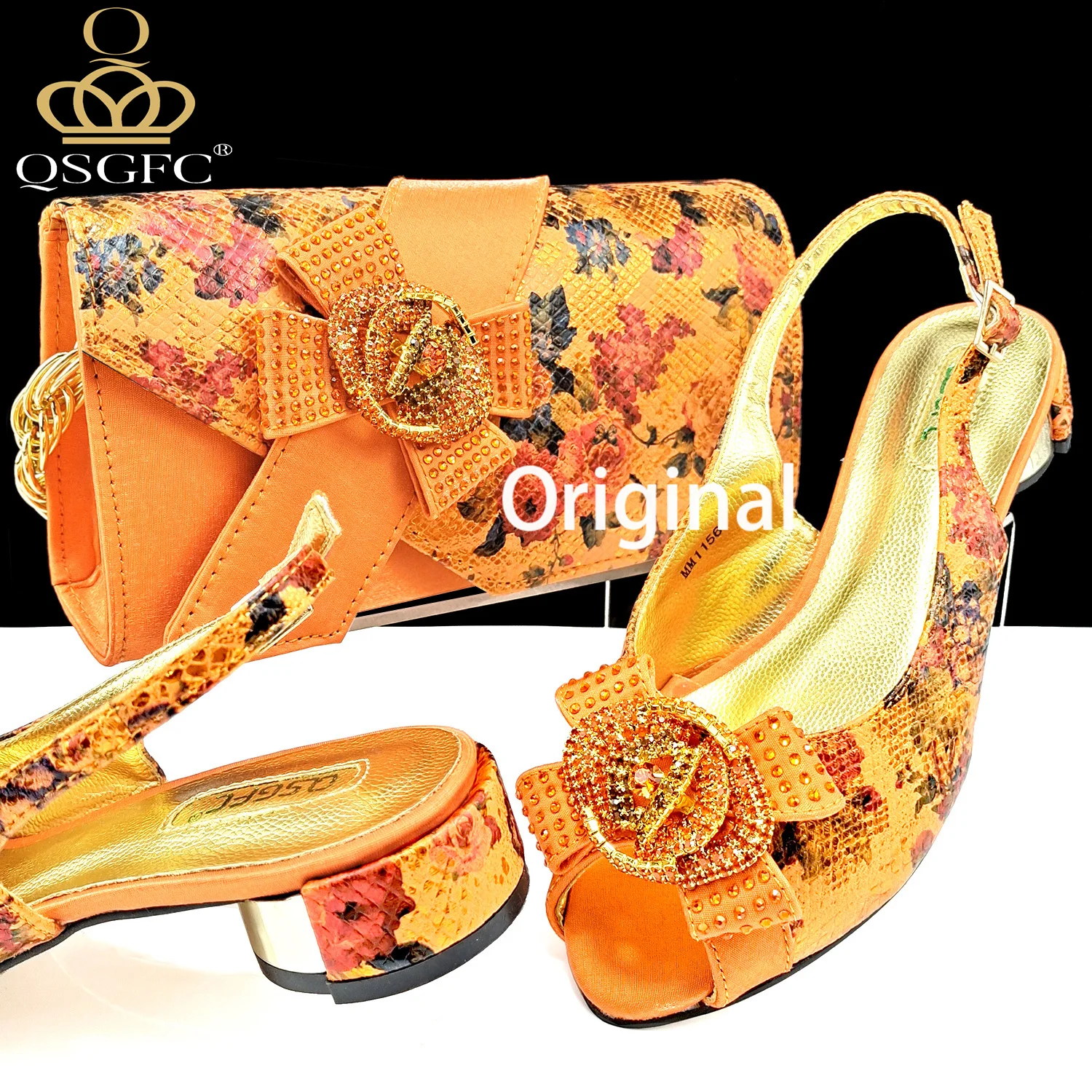 QSGFC Italian Design Shoes and Bag Matching Set Women Low Heel Party Orange Color African Wedding bigger size shoes