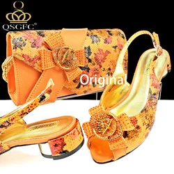 QSGFC Italian Design Shoes and Bag Matching Set Women Low Heel Party Orange Color African Wedding bigger size shoes