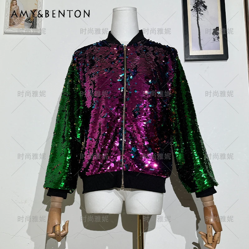 

New European Chaquetas Popular Color Change Sequins Jacket Loose Casual Baseball Uniform Short Coat Long Sleeve Women's Clothing