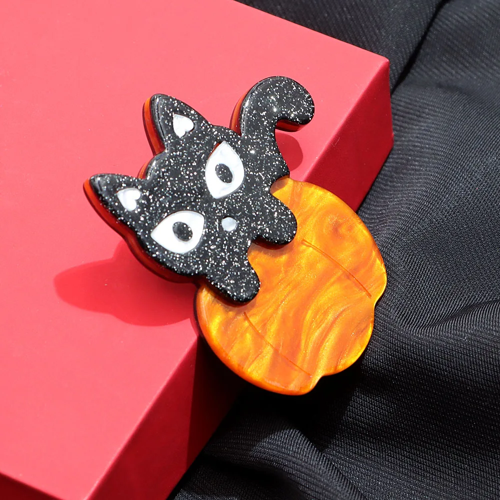 CINDY XIANG Acrylic Black Cat On Pumpkin Brooch Halloween Jewelry High Quality