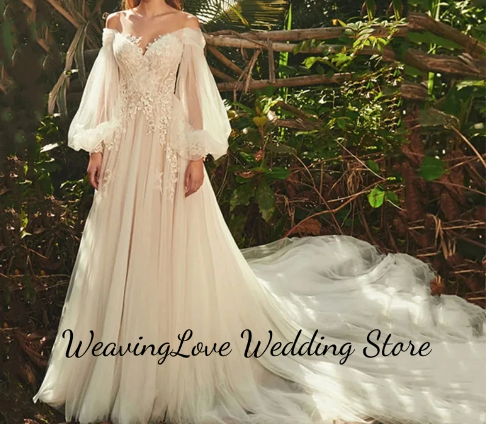 Elegante Puff Langarm Applikationen Tüll Brautkleid rücken frei A-Linie Vestido de Noiva für Frauen Brautkleid plus Größe gemacht