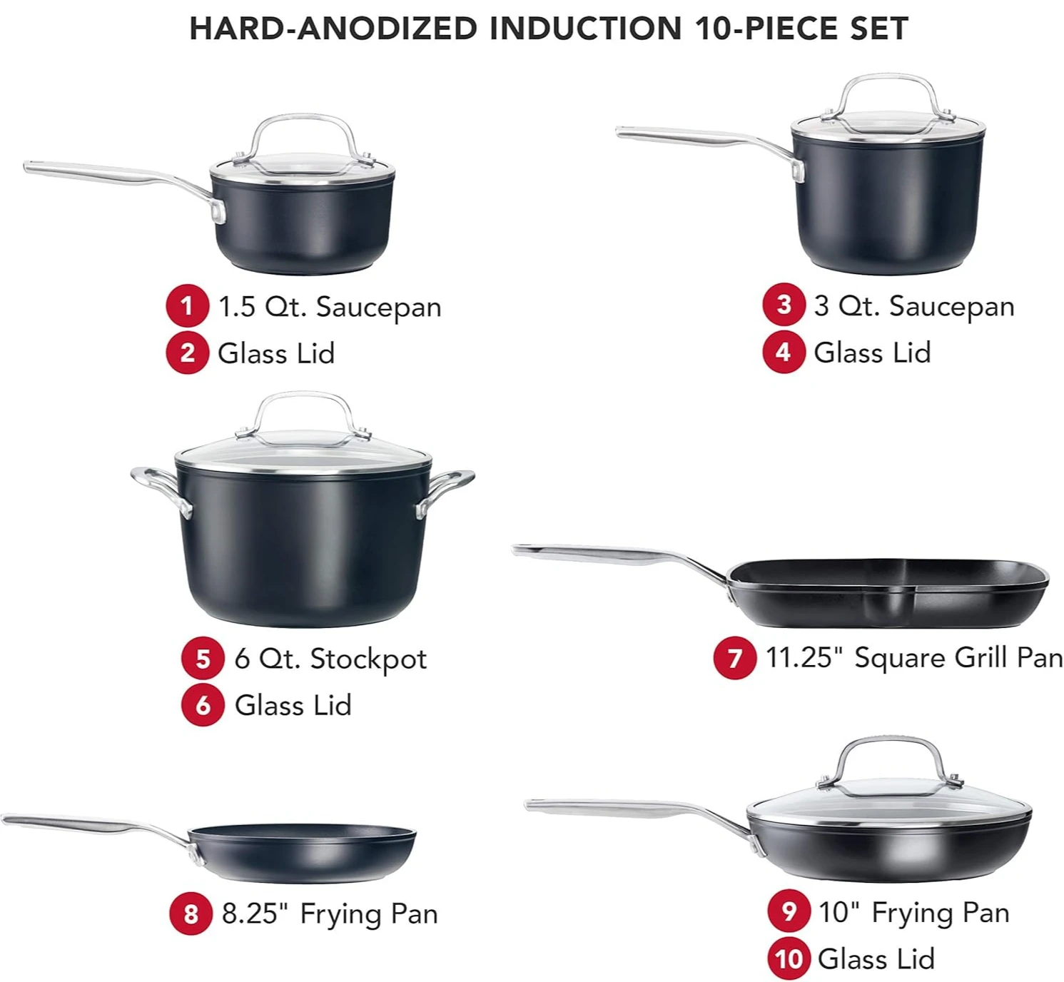 Hard Anodized Induction Nonstick Cookware Pots and Pans Set, 10 Piece, Matte Black