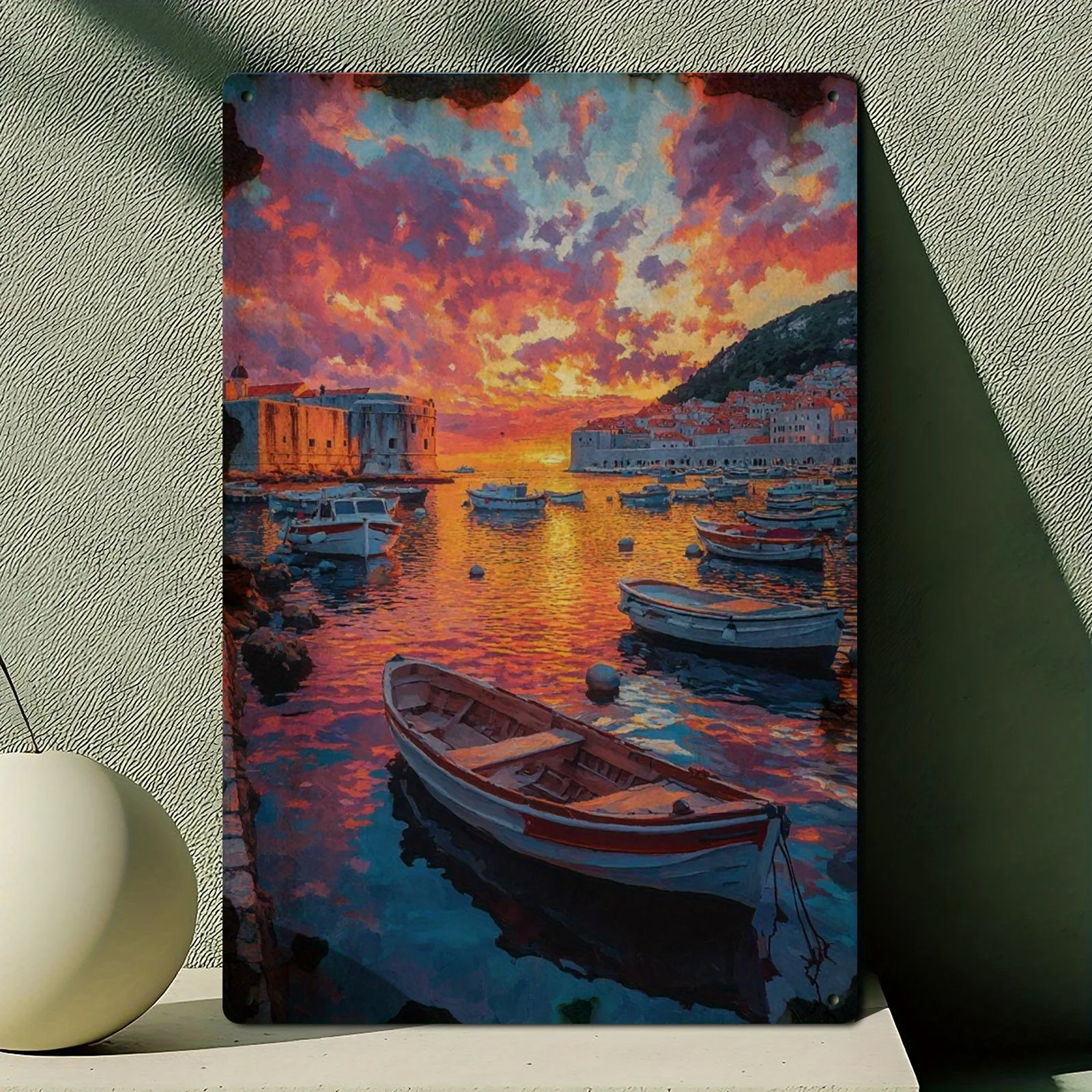 1 قطعة لوحة زيتية كلاسيكية Dubrovnik كرواتيا شروق الشمس علامة معدنية من القصدير - لوحة فنية جدارية ساحلية البحر الأبيض المتوسط مقاس 12 × 8 بوصة مع المدينة القديمة و