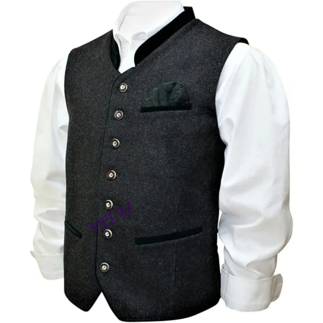 Customized Men's Elegant Loden Vest - Traditional Sleeveless Gilet W/ Brocade Pocket Square | Anthracite Grey Wedding Waistcoat,