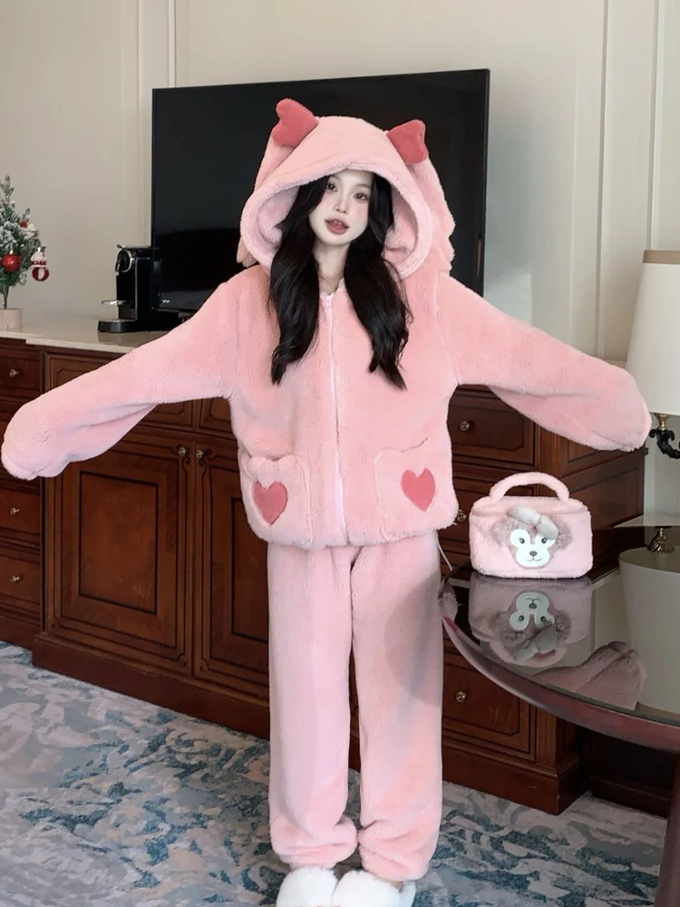 Winter Sleepwear Coral Fleece Thickening Warm Kawaii Rabbit Ear Hooded Pajama Sets Suit Sweety Pink 2 Piece Night Home Clothes