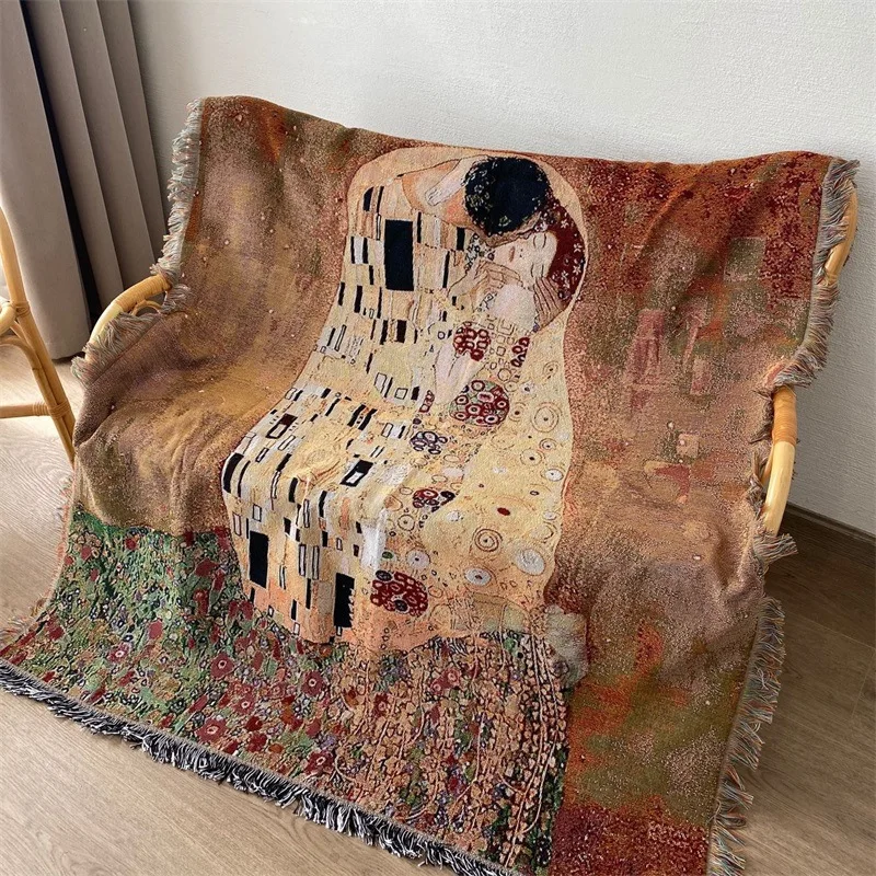 

Vintage Gustav Klimt The Kiss Woven Throw Blanket Tassel Blanket Soft Cozy for Home Decor Art Lover Gift Wall Hanging Tapestry