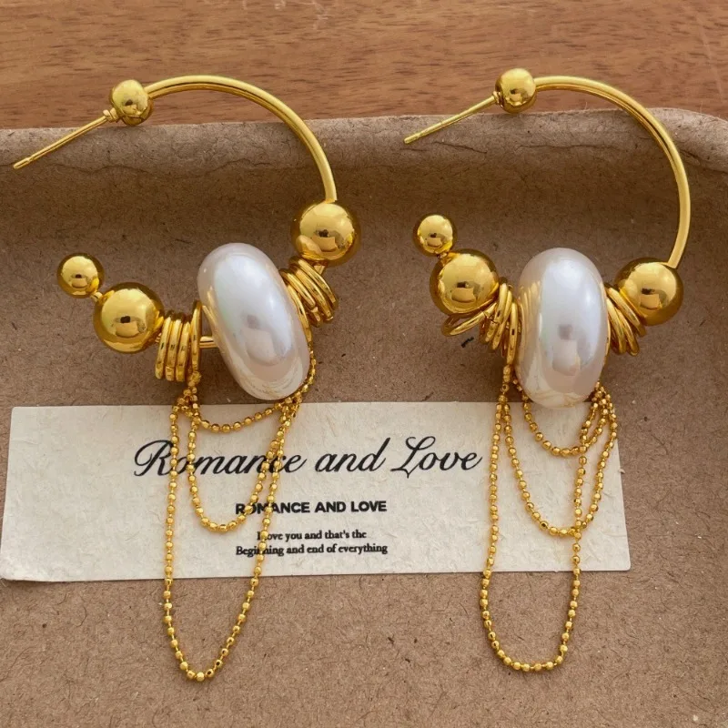 

Minar Hyperbole Simulated Pearl Beads Tassel C Shape Metallic Long Hoop Earrings for Women Real Gold Plated Copper Alloy Jewelry
