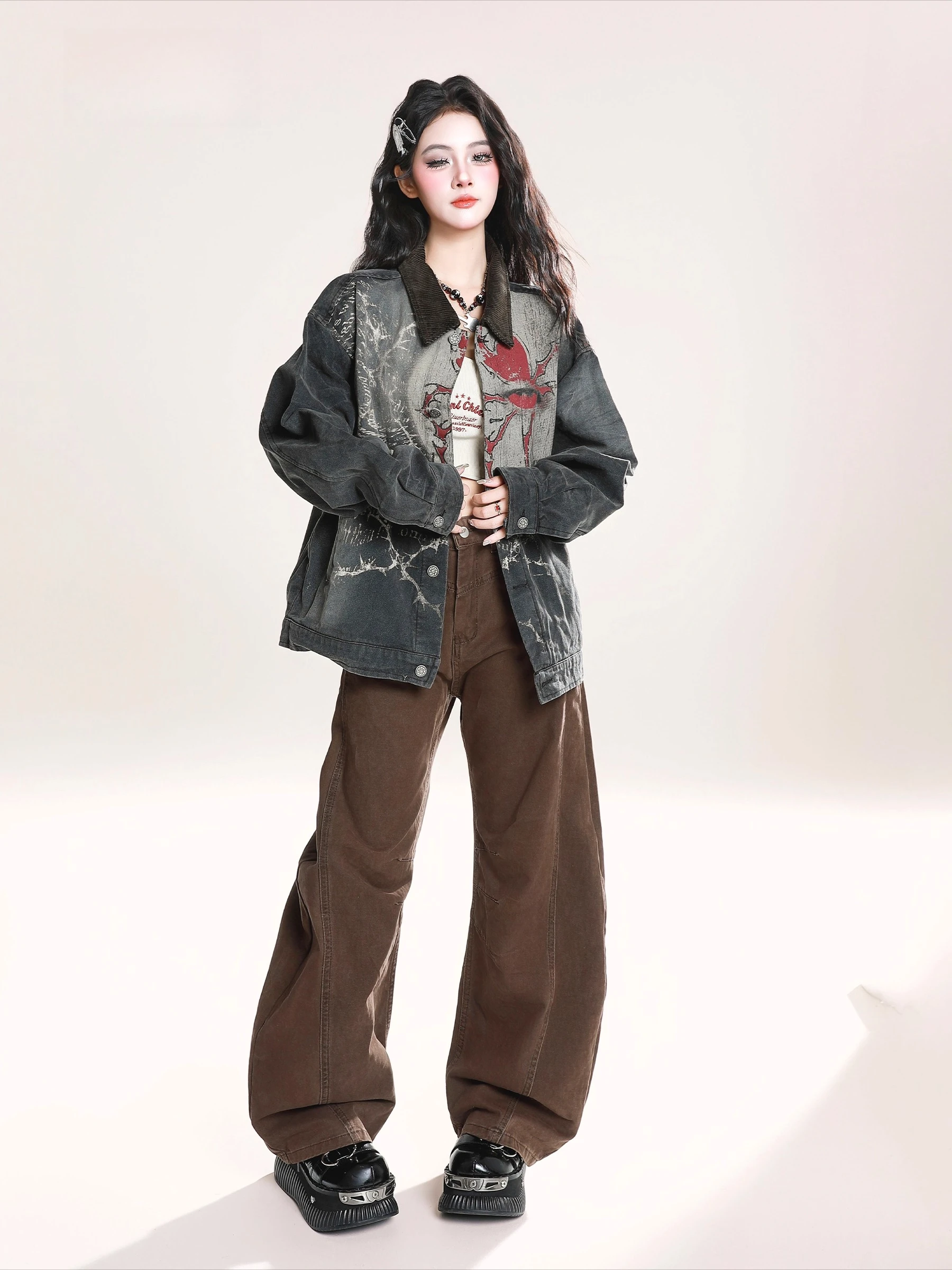 2025 primavera e outono nova venda quente americano rua punk feminino carta graffiti solto casual azul denim jaqueta