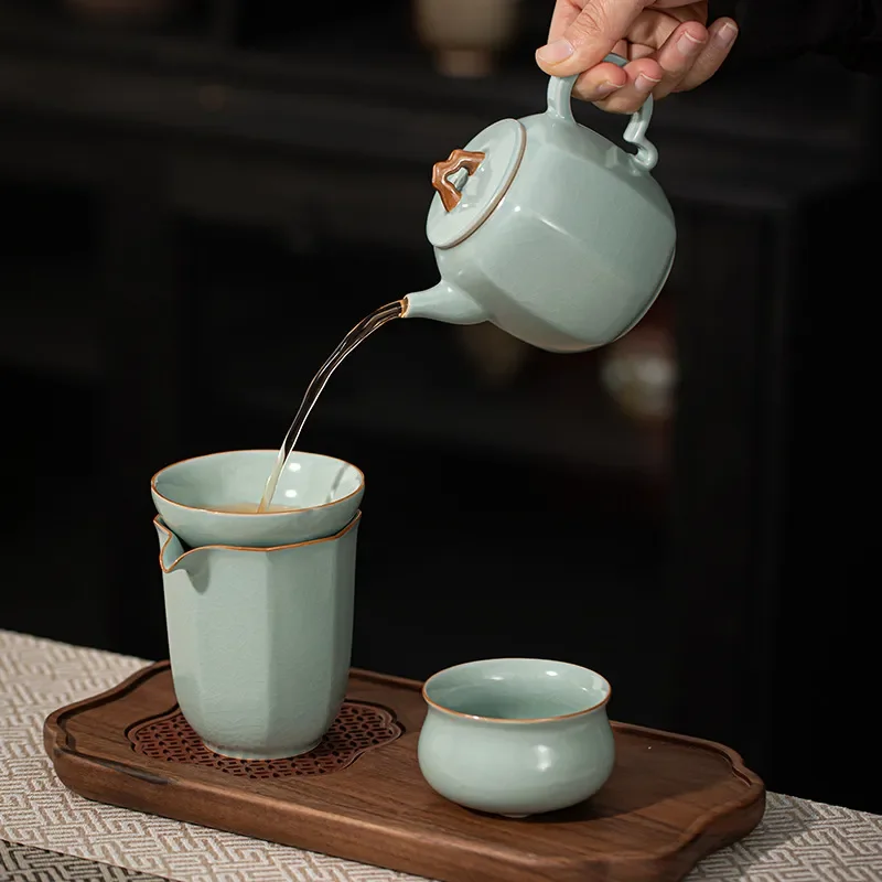Azure Ru Kiln Tea Set Kung Fu Teapot Porcelain Gift Box Light Luxury Home Office High End Ceramic Ware Traditional Style High