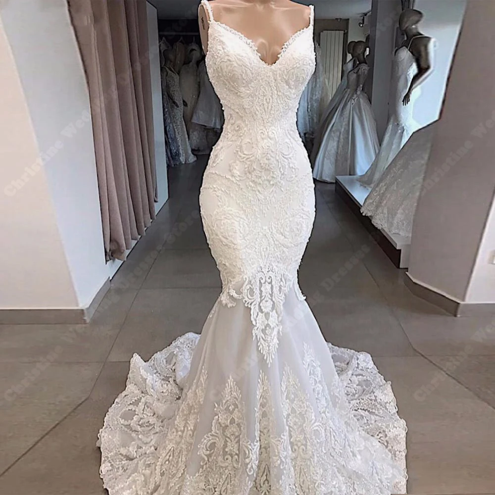 Sexy V-ausschnitt Meerjungfrau Frauen Brautkleider Spitze Druck Backless Brautkleider Wischen Länge Ball Vestidos De Novias Angepasst