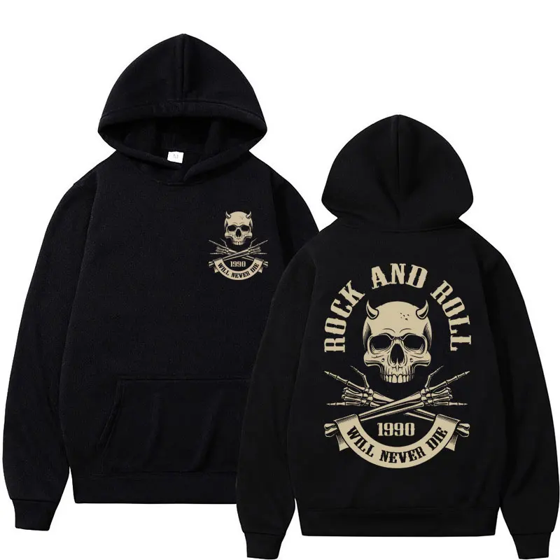 Vintage Skeleton Rock and Roll 1990 Hoodies Men's Fashion Punk Gothic Harajuku Pullovers Oversized Fleece Casual Sweatshirt Male