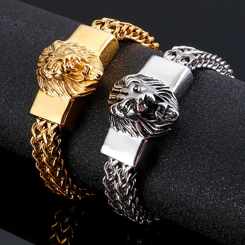 

12mm Punk 18K Gold Color Double Mesh Chain Lion Head Bracelet Men Hiphop Retro Stainless Steel Charm Biker Bike Bangle Jewelry