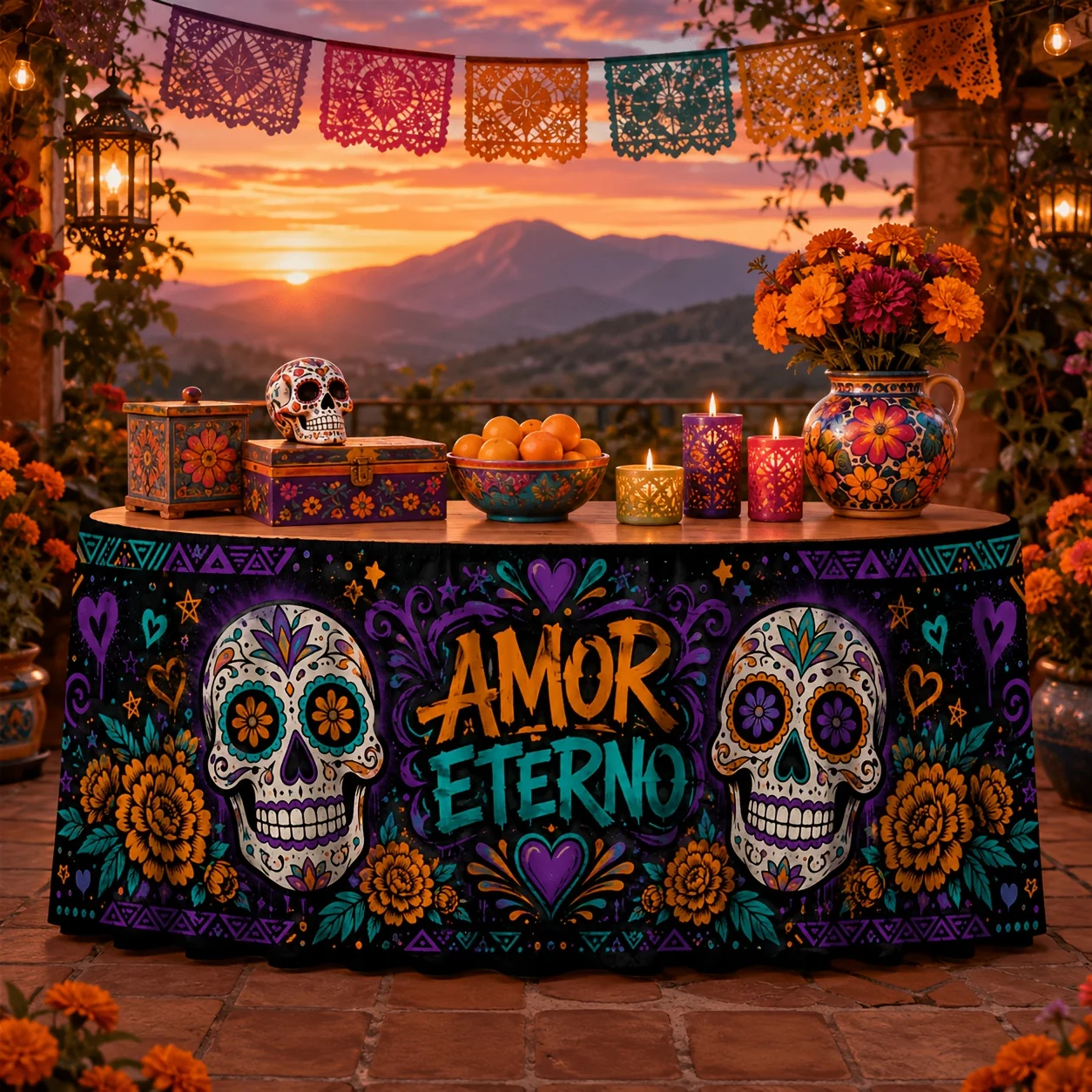 One tablecloth or table skirt with the Halloween sugar skull marigold heart graffiti pattern for table decoration.zyc