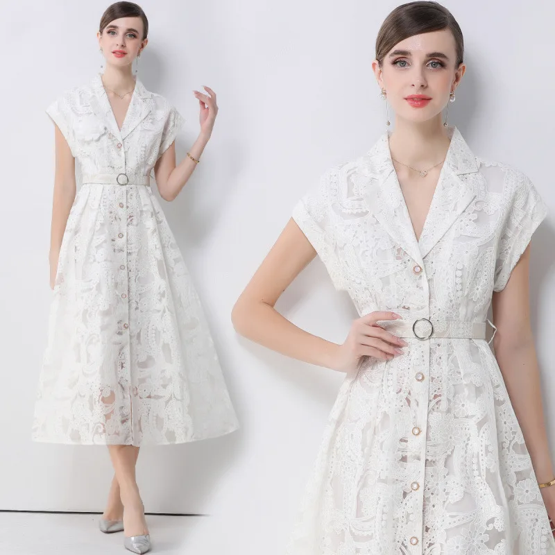 

Casual Versatile ort Sve Pleated Casual Dr with Hollow Embroidery And Belt Thiened Velvet Fabric oulder Baring