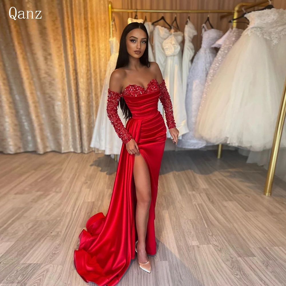 

Qanz Elegant Red Mermaid Prom Dress Long Sleeves Sweetheart Robes De Soirée Sequins Shiny Split Women Formal Evening Party Gowns