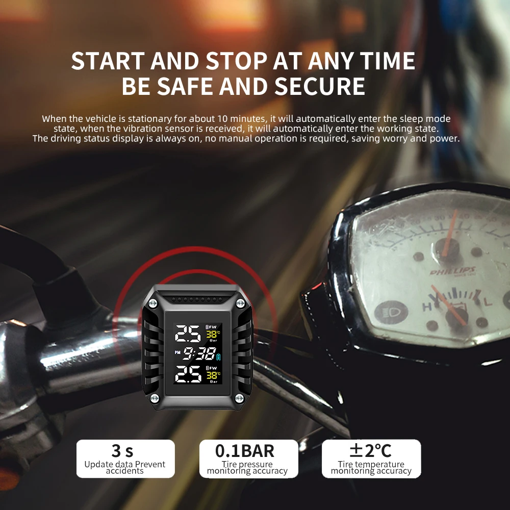 دراجة نارية لاسلكية TPMS دراجة نارية مراقبة ضغط الإطارات نظام إنذار درجة حرارة الإطارات مع 2 أجهزة استشعار خارجية عرض الوقت