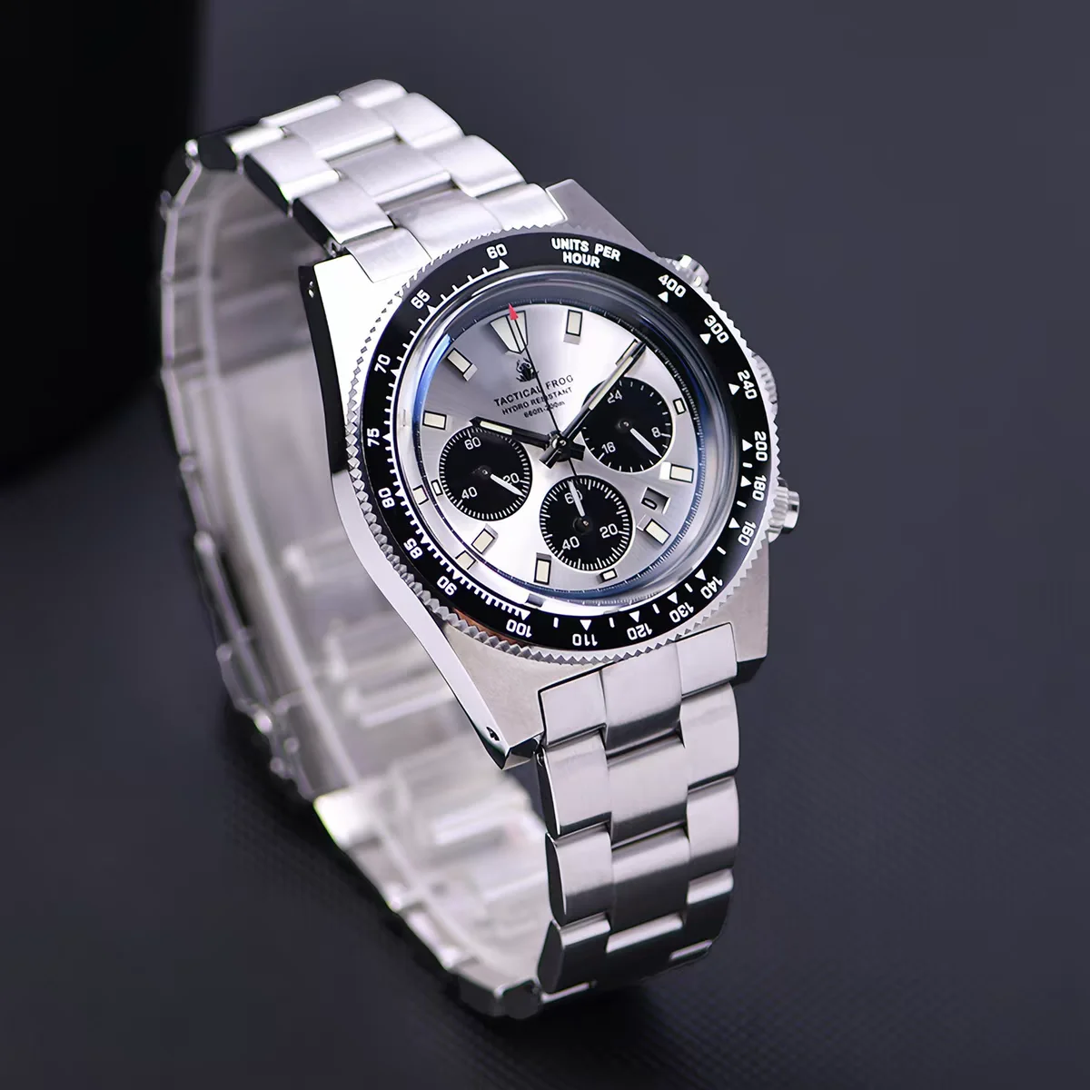 Tactical Frog Men Chronograph Watch 43.5mm Aviator Solar Eco-Drive Quartz Wristwatch 20Bar Waterproof C3 Luminous Sapphire VS75B