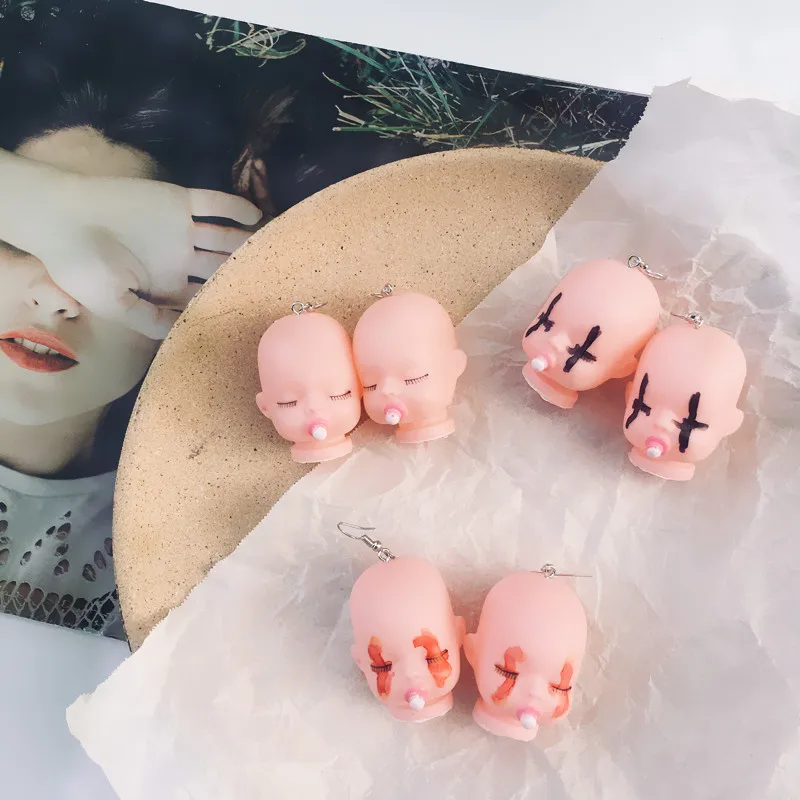 Funny Pacifier Doll Head Drop Earrings for Women Cute Eyes Closed Nipple Baby Earring Hooks Girl Fashion Dangle Jewelry Kid Gift