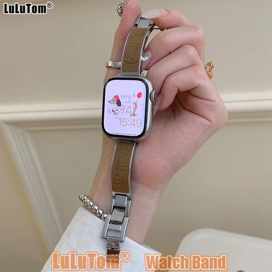 

Ремешок с мультяшной собакой для Apple Watch 38 40 41 42 44 45 46 49 мм Металлический кожаный ремешок Iwatch Series 10 9 8 7 6 5 4 3 SE Ultra Браслет
