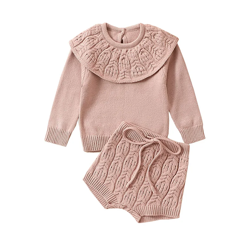 

0-24M Newborn Baby Girls 2-piece Outfit Spring Long Sleeve Doll Collar Sweater with Shorts Knitted Outfit Fall Clothes