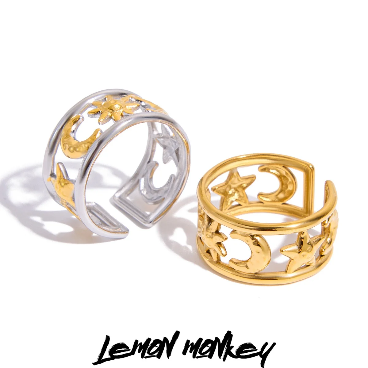 

Star and moon hollow ring, stainless steel 18k electroplated opening, gold and silver, ladies will not fade