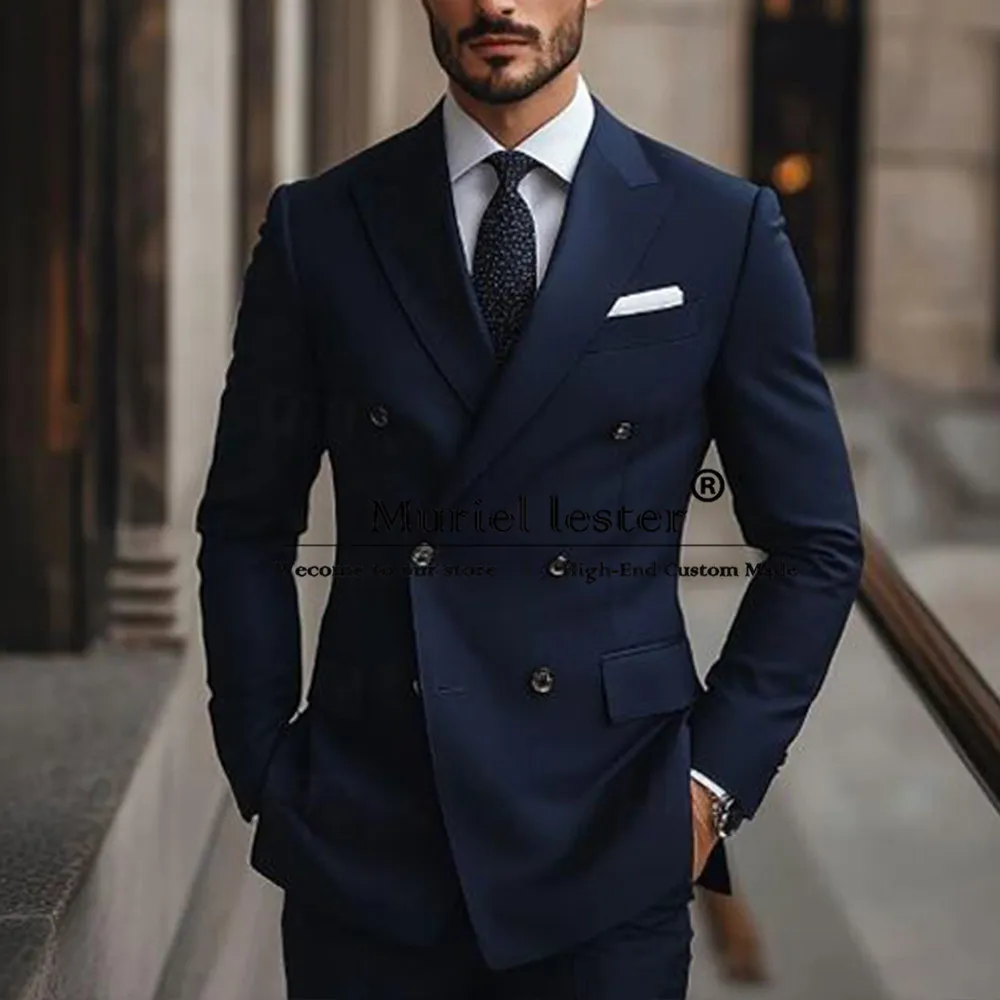 

Navy Blue Business Suits Men Double Breasted Jacket Pants 2 Pieces Sets Formal Dinner Party Groom Wedding Tuxedos Customized