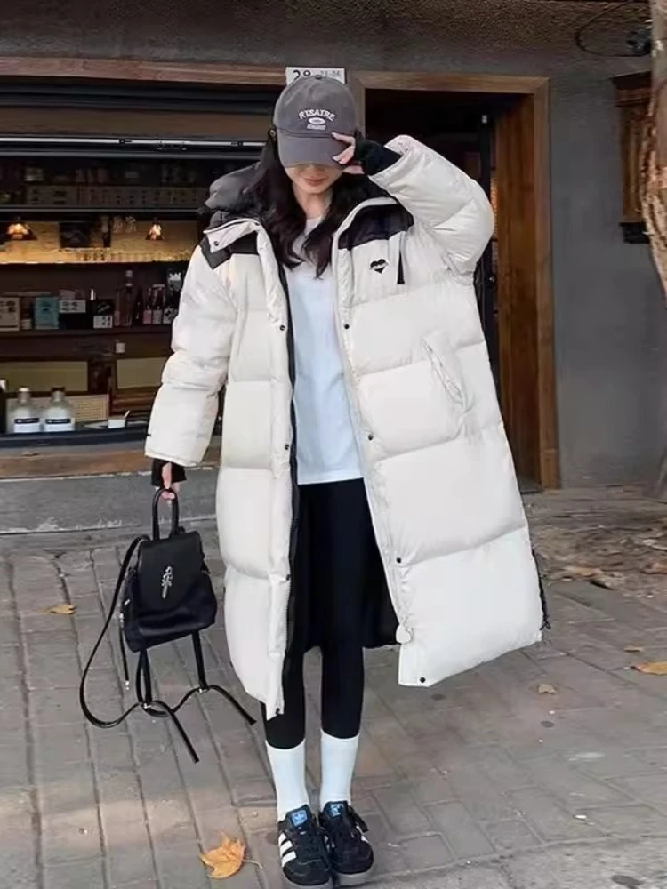 Damski płaszcz bawełniany z blokami kolorów, długi, oversize, do kolan, ocieplana kurtka puchowa, gruba, ciepła, zimowa, z kapturem, pikowana, streetwear