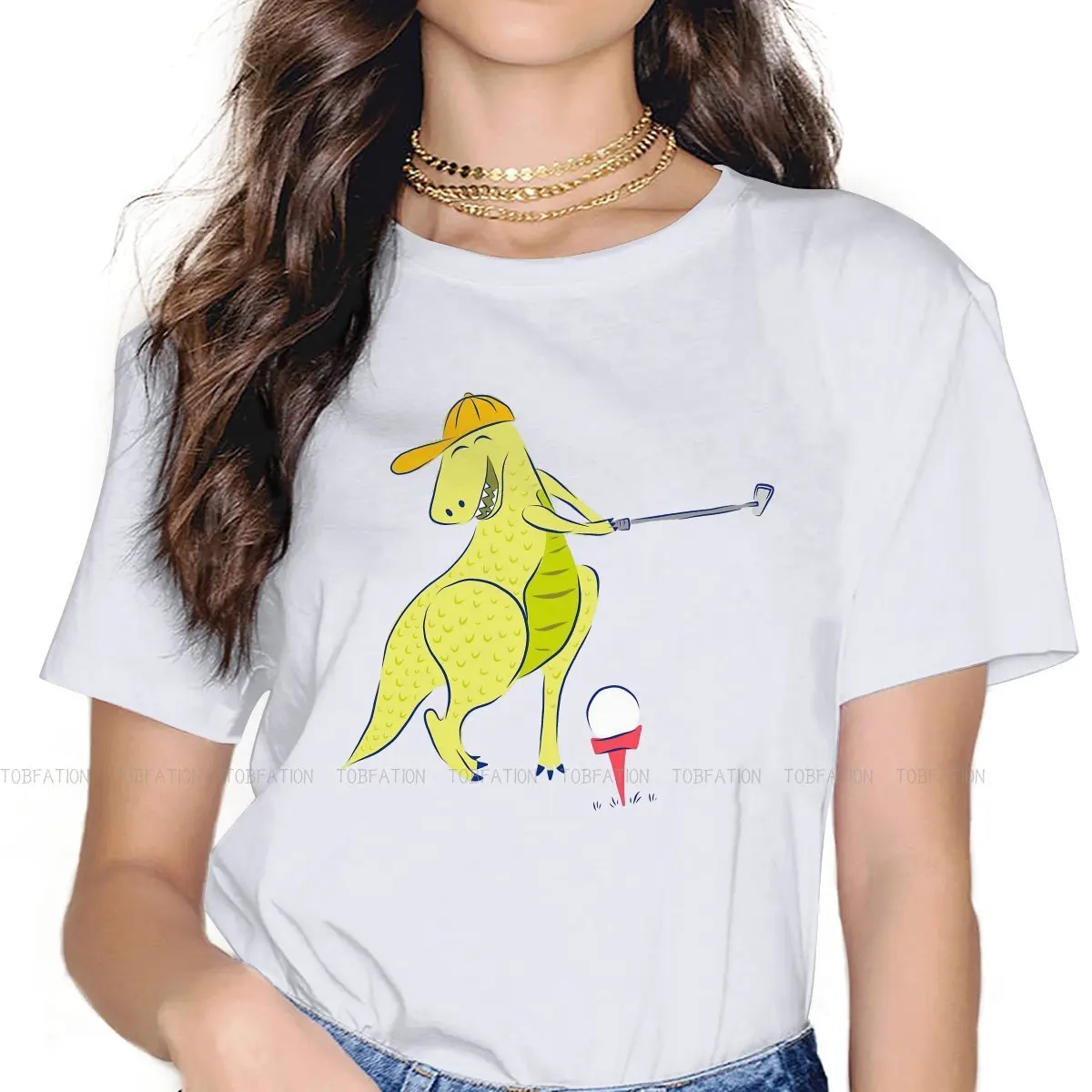 Happy Golfing Dinosaur Round Collar TShirt Golf Fabric Basic T Shirt Woman Clothes Fashion Fluffy