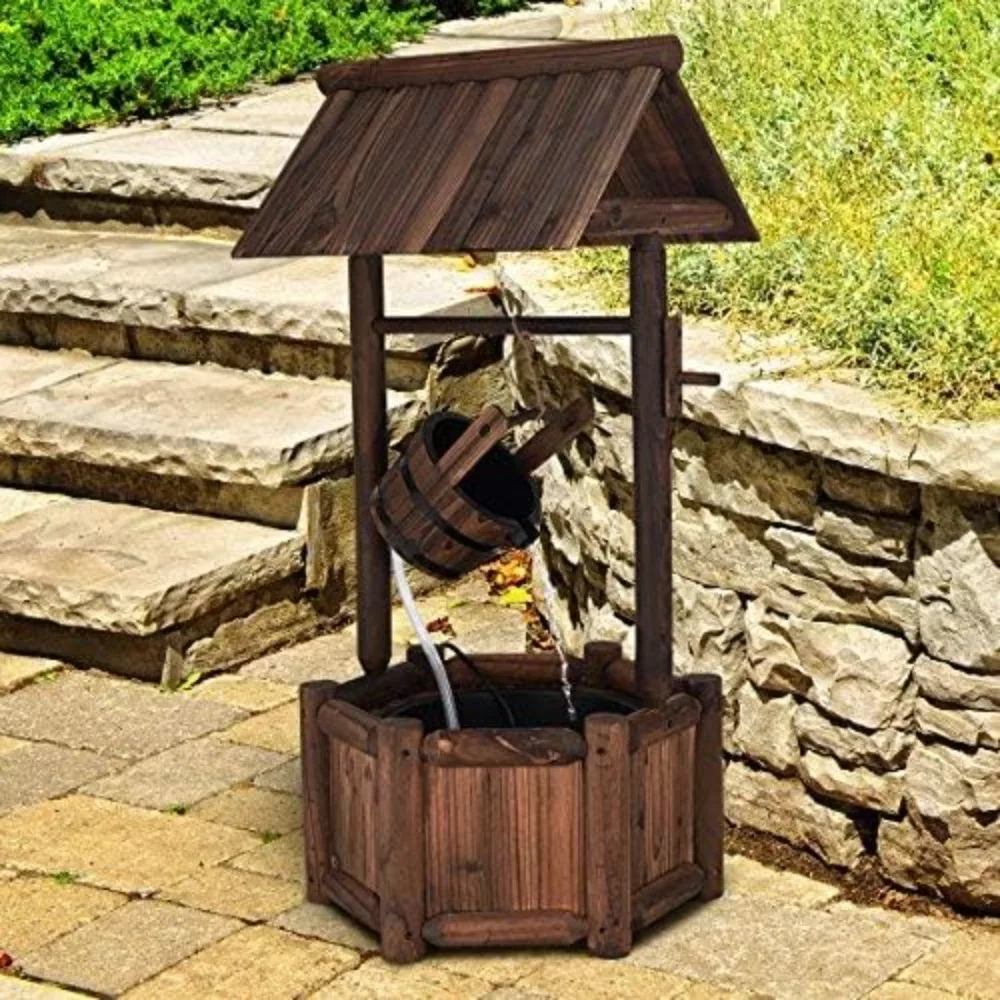 

Wishing Well Water Fountain Outdoor, Rustic Wooden Waterfall Fountain with Electric Pump, Water Bucket