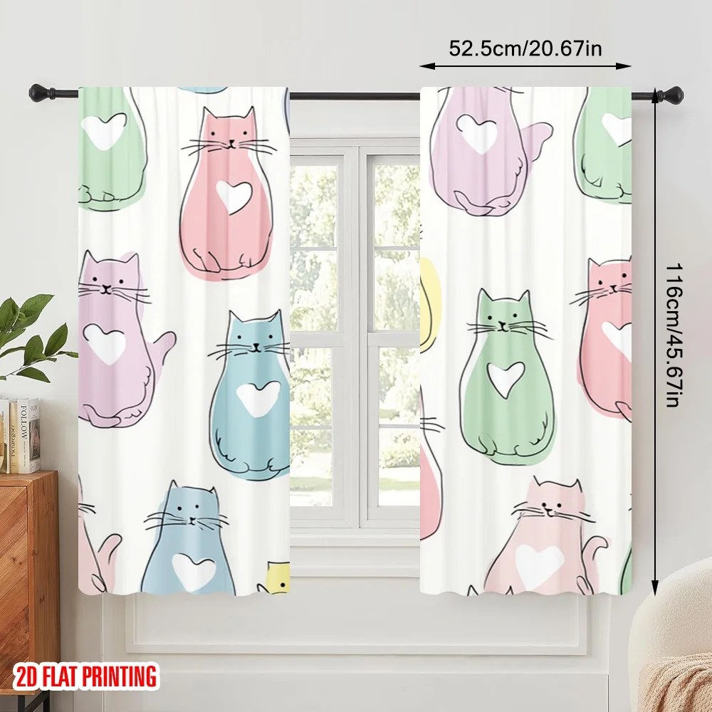 2pcs,2D plane printing Window Curtain Pastel Cats Design Polyester (without rod) Festive Ldeal for Bedroom, Living Room