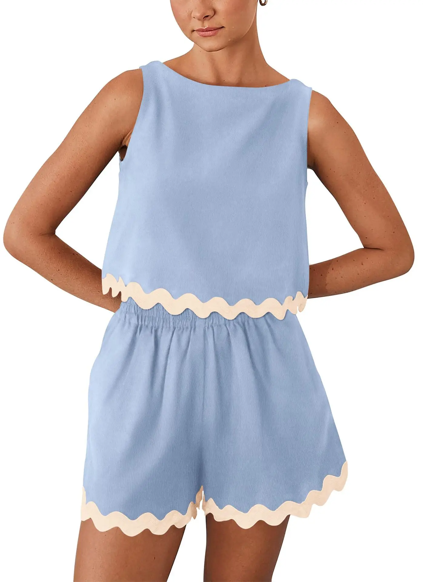 여름 웨이브 스트라이프 패치 워크 반바지 여성을위한 설정 인과 O 넥 탑 높은 허리 반바지 여성 패션 홀리데이 비치 2 조각 세트