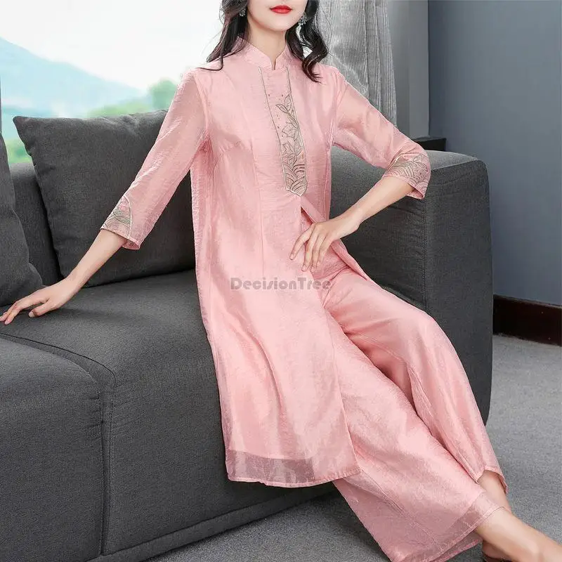 2023 new chinese retro national style female fashion suit half sleeve stand collar top elegant women daily embriodery set g613