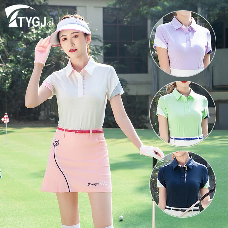 

TTYGJ Women Elastic Patchwork Golf Shirt Ladies Short Sleeve Fast Dry Sport T-shirt Women Turn Down Collar Tops Summer Golf Wear