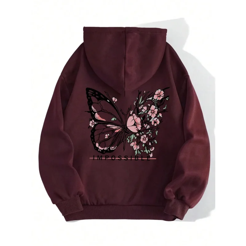 سويت شيرت نسائي مطبوع عليه حروف مستحيلة على شكل فراشة وردية، سترة عصرية دافئة بقلنسوة فضفاضة غير رسمية، ملابس ناعمة من الصوف