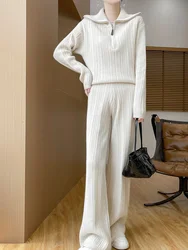 Women Wool Zipper Pullovers Pant Suit 100% Merino Wool Knitwear Striped Sweater Trousers Autumn Winter Soft Casual clothing Set