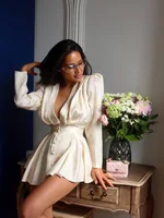Women Sexy Floral Print Mini Dress Deep V-neck Long Sleeve Ruffled Hem A-line See Through Dresses Lady Fashion Vacation Gowns - Image 6