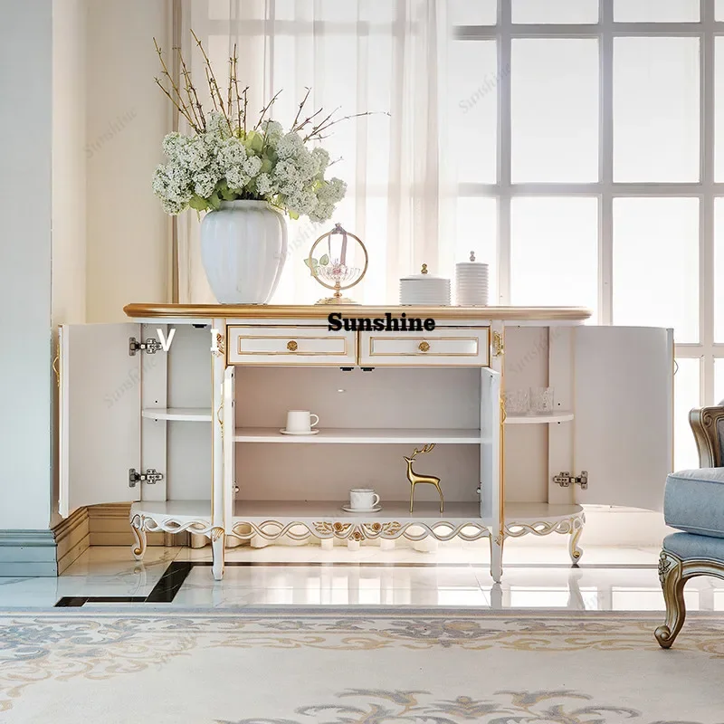 

French light luxury solid wood dining side cabinet European court carved porch cabinet FT