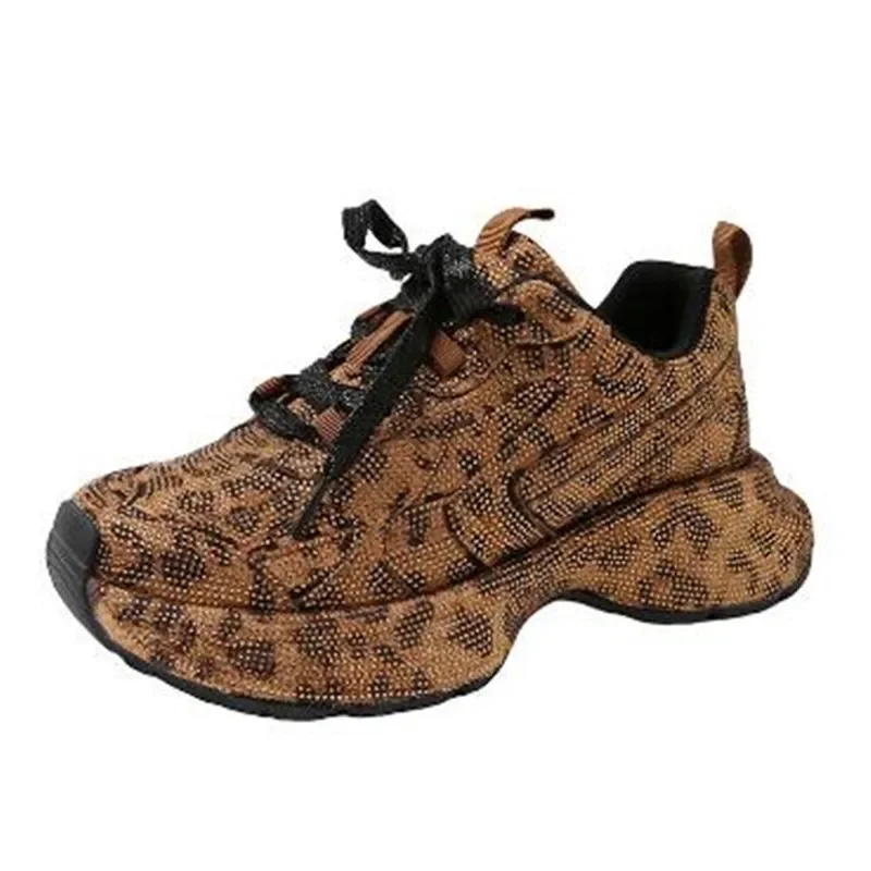 Роскошные женские блестящие кроссовки, массивные кроссовки, модные повседневные дышащие туфли из натуральной кожи с увеличенной высотой на плоской платформе