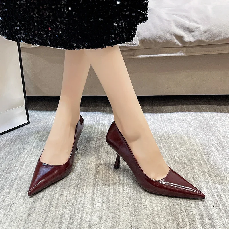 Escarpins de marque en cuir verni pour femmes, chaussures pointues, chaussures africaines, robe de travail, designer, talons hauts, pointes, bordeaux