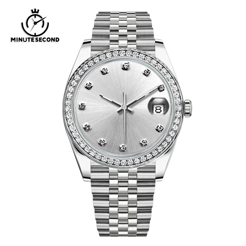 MINUTESECOND-Montre existent NH35 pour Homme, Cadran Blanc Étanche 50 Mètres, Clip Saphir, Bracelet Jubilee, Diamant