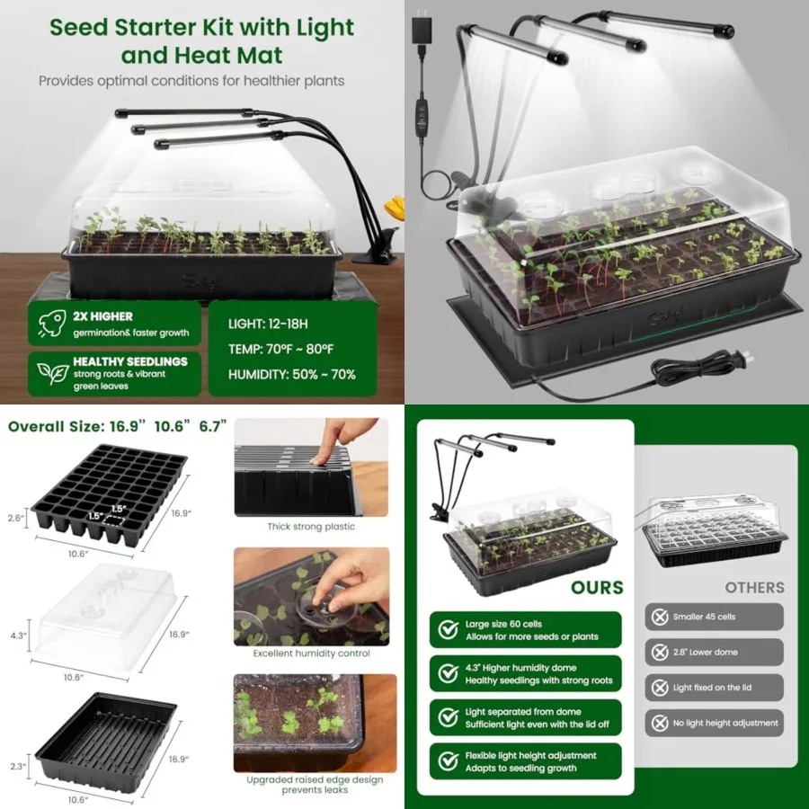 

60 Cell Seed Starter Kit with Grow Light and Heat Mat, Seed Starter Tray with Higher 4.3" Humidity Dome, Flexible Light Positio